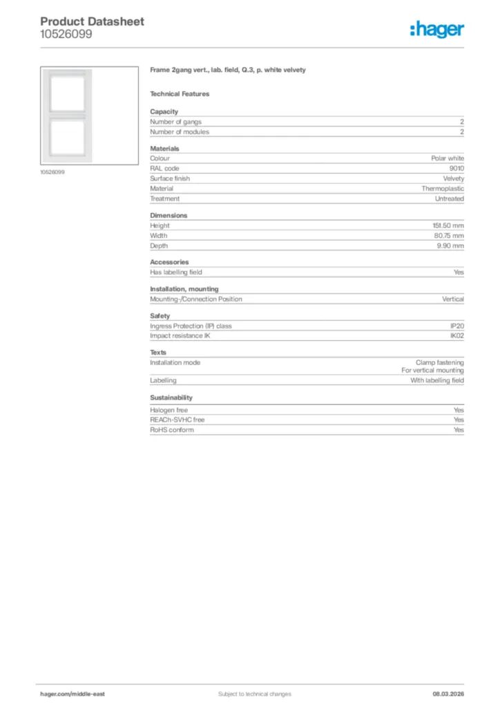 Image Hager Product data sheet 10526099  | Hager