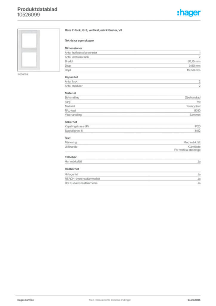 Bild Hager Produktdatablad 10526099 | Hager Sverige