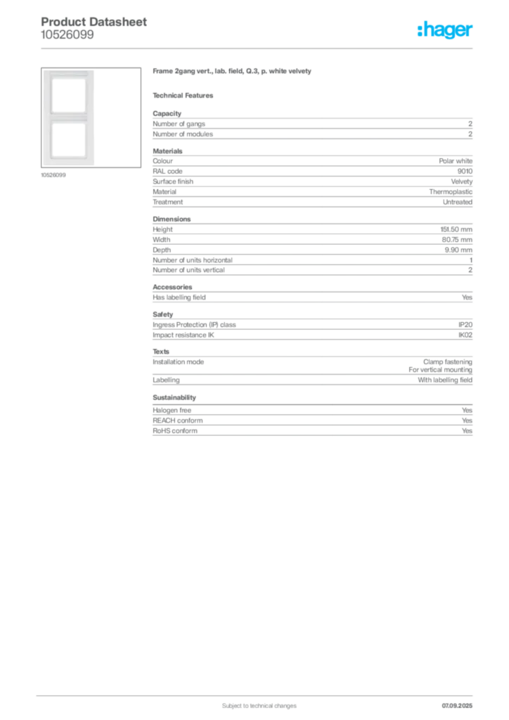 Image Hager Product data sheet 10526099  | Hager