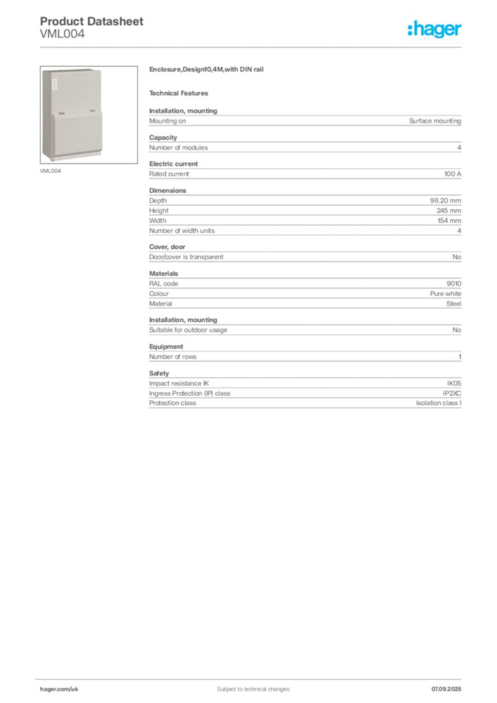 Image Hager Product data sheet VML004  | Hager