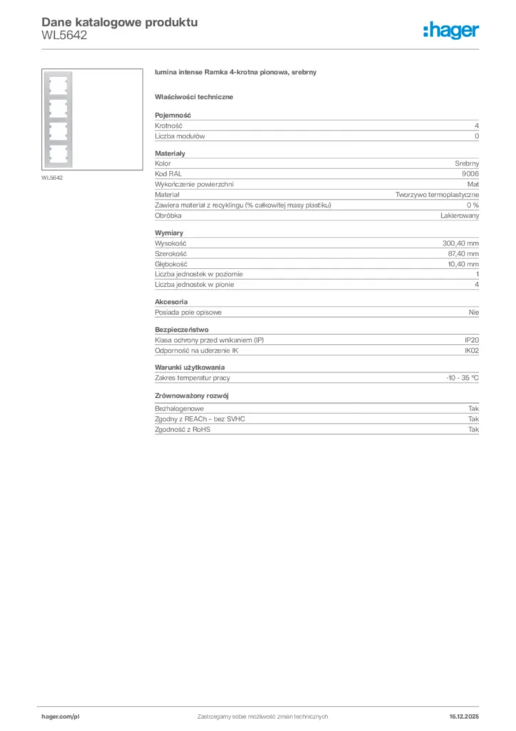 Zdjęcie Hager Karta katalogowa WL5642 | Hager Polska