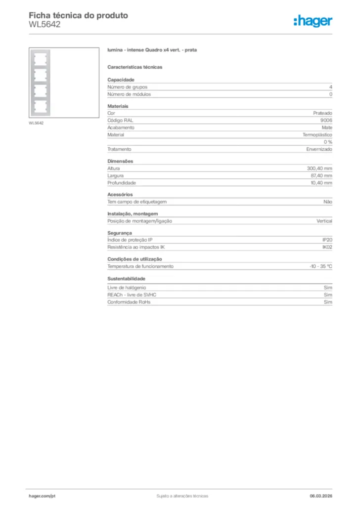 Imagem Hager Ficha técnica do produto WL5642 | Hager Portugal