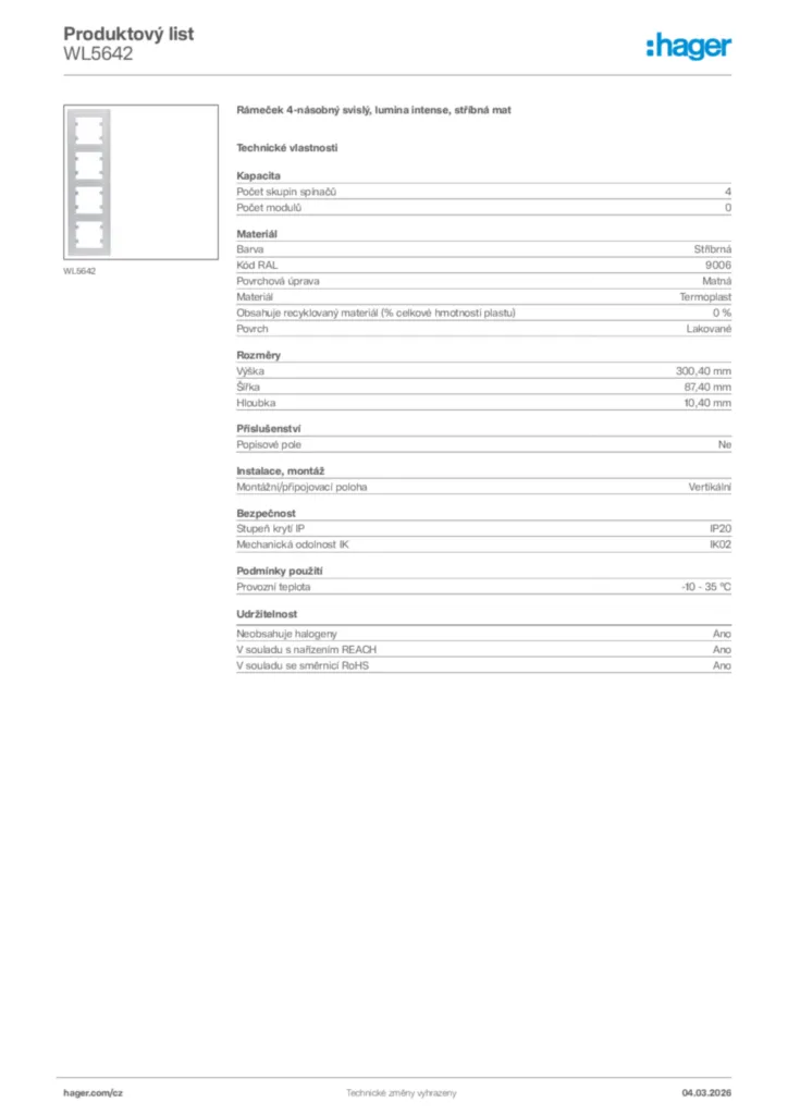 Obrázek Hager Product data sheet WL5642 | Hager