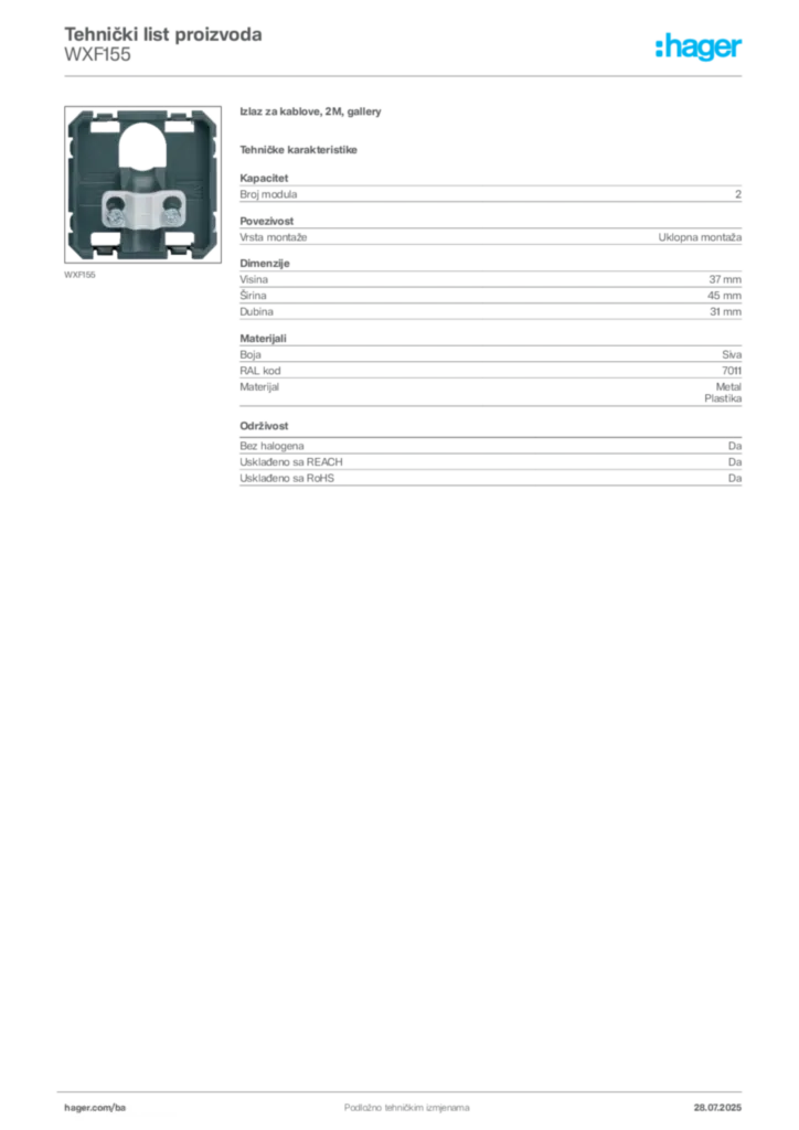 Slika Hager Product data sheet WXF155  | Hager