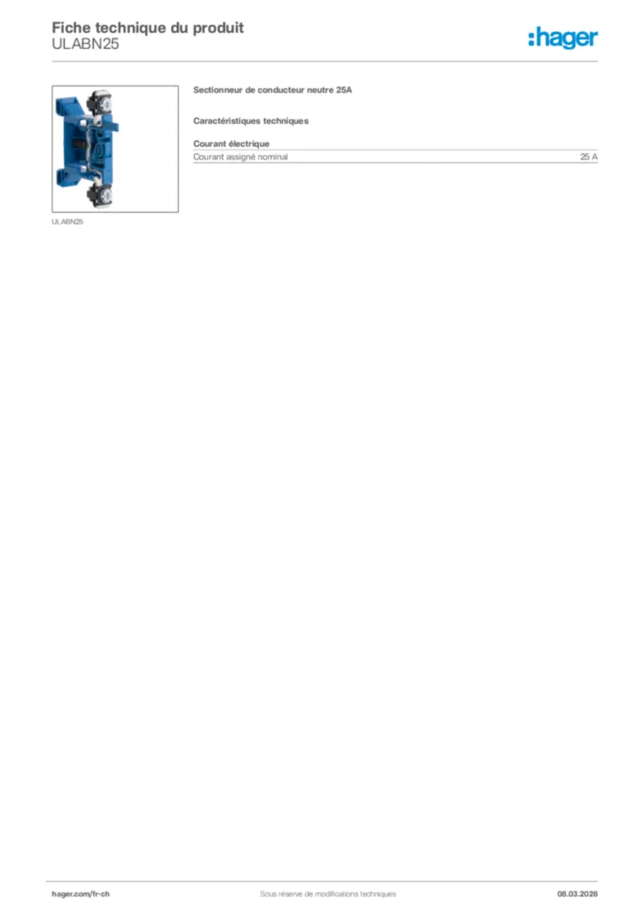Image Hager Fiche technique du produit ULABN25 | Hager Suisse