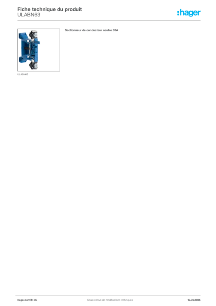Image Hager Fiche technique du produit ULABN63 | Hager Suisse