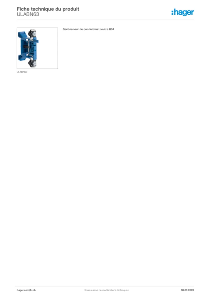 Image Hager Fiche technique du produit ULABN63 | Hager Suisse