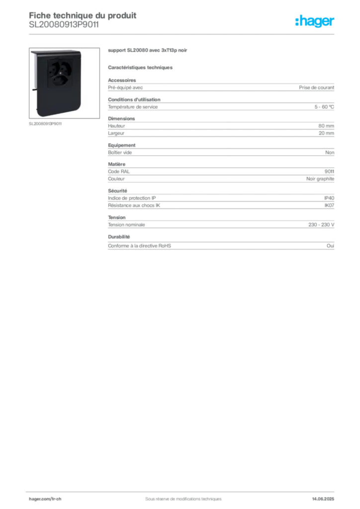 Image Hager Fiche technique du produit SL20080913P9011 | Hager Suisse