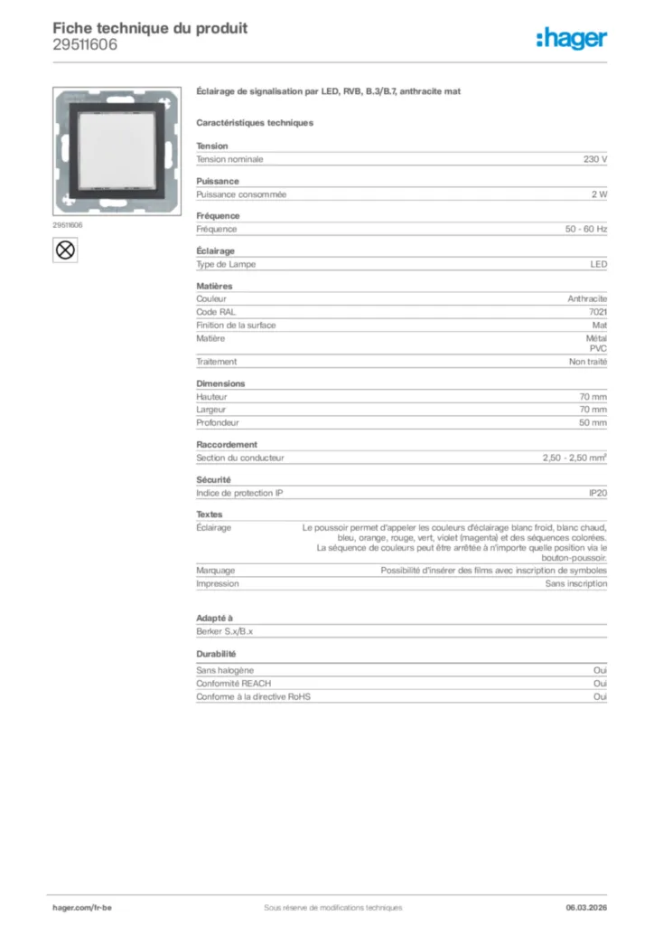 Image Hager Fiche technique du produit 29511606 | Hager Belgique