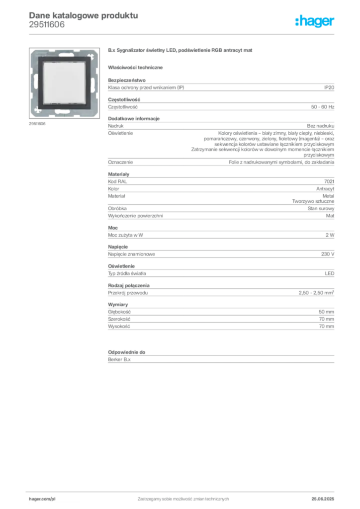 Zdjęcie Hager Karta katalogowa 29511606 | Hager Polska