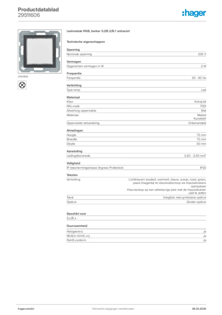 Afbeelding Hager Productdatablad 29511606 | Hager Nederland