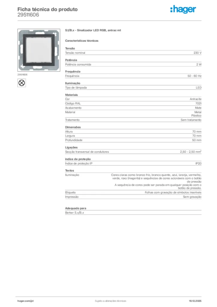 Imagem Hager Ficha técnica do produto 29511606 | Hager Portugal