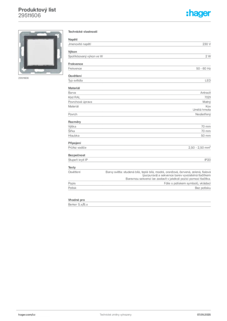 Obrázek Hager Produktový list 29511606 | Hager