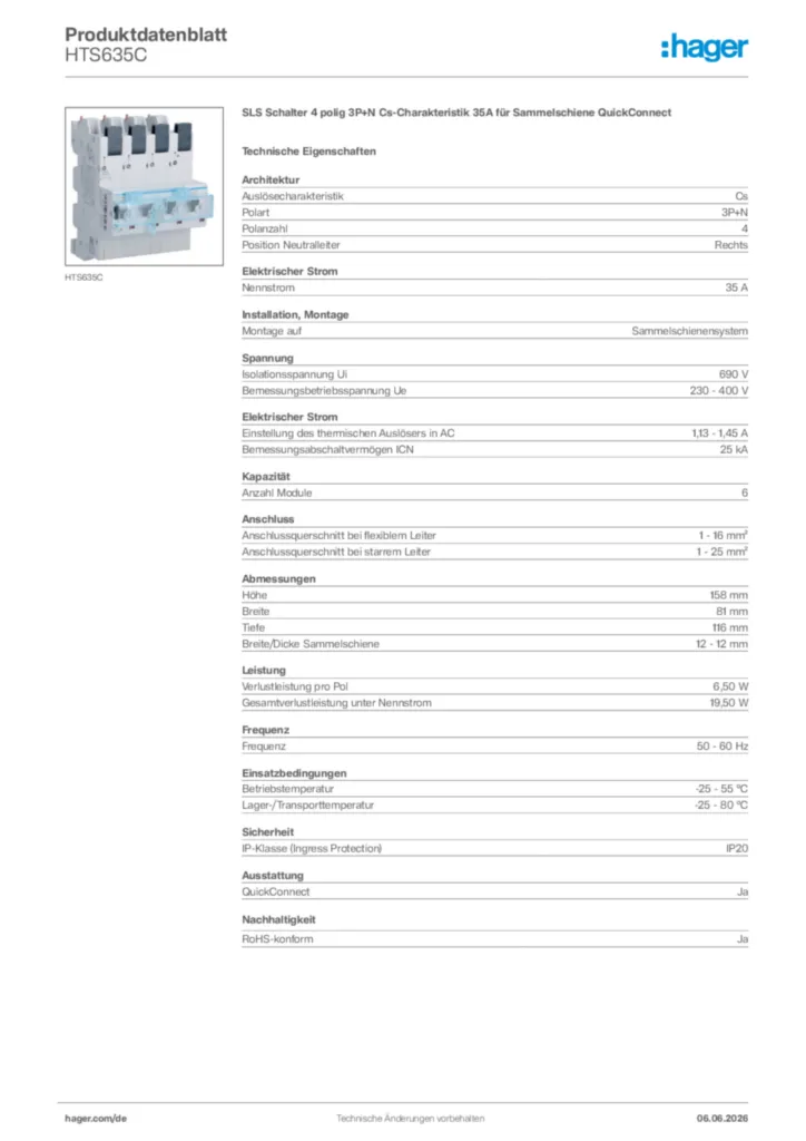 Bild Hager Produktdatenblatt HTS635C | Hager Deutschland