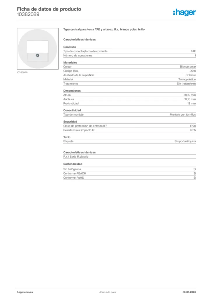 Imagen Hager Ficha de datos de producto 10382089 | Hager España