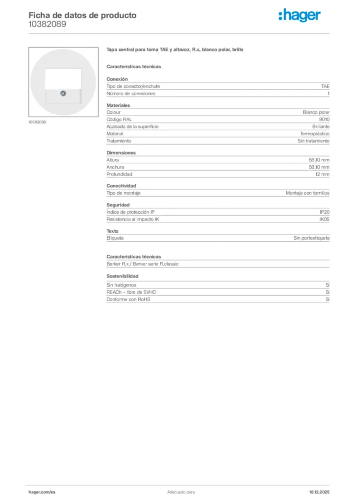 Imagen Hager Ficha de datos de producto 10382089 | Hager España