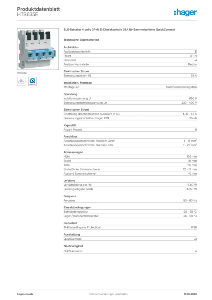 Bild Hager Produktdatenblatt HTS635E | Hager Deutschland