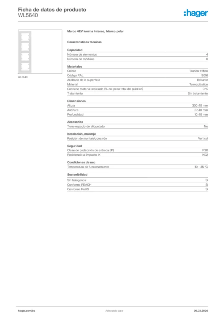 Imagen Hager Ficha de datos de producto WL5640 | Hager España