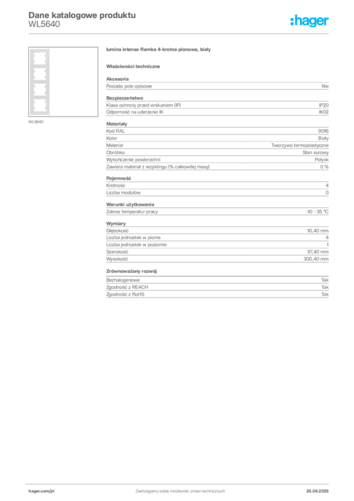 Zdjęcie Hager Karta katalogowa WL5640 | Hager Polska