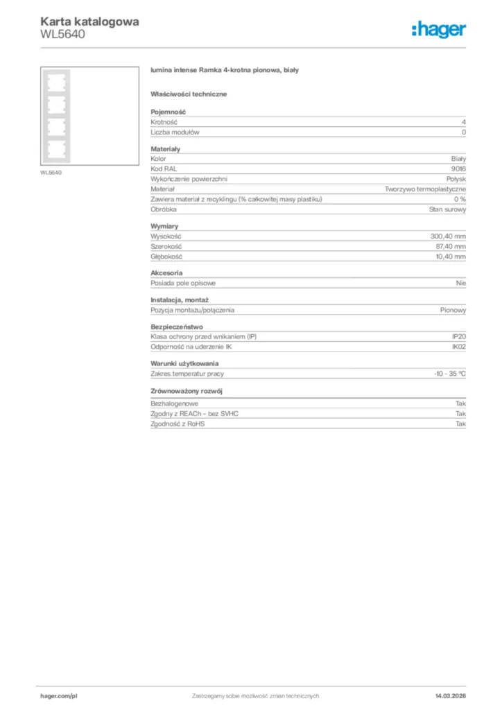 Zdjęcie Hager Karta katalogowa WL5640 | Hager Polska