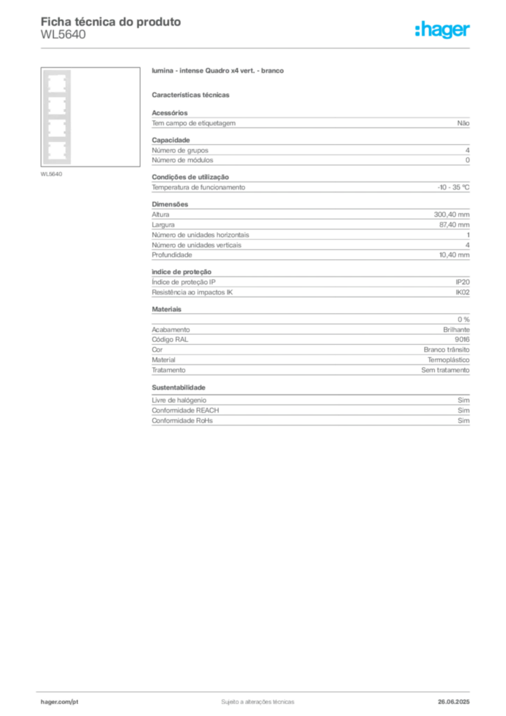 Imagem Hager Ficha técnica do produto WL5640 | Hager Portugal