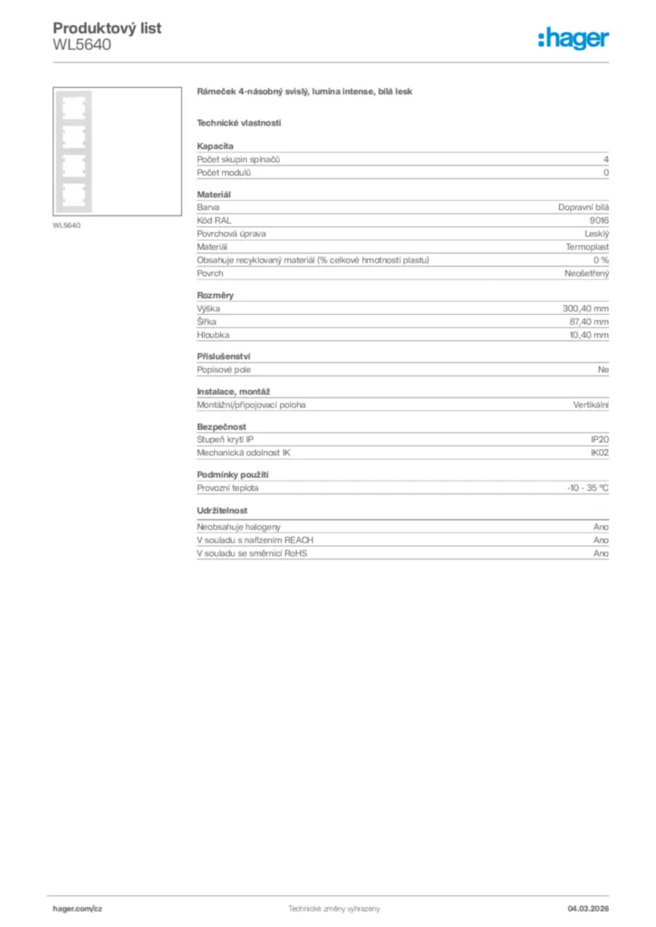 Obrázek Hager Product data sheet WL5640 | Hager