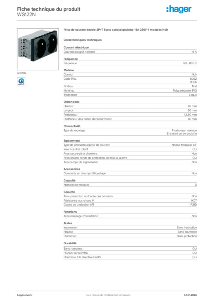 Image Hager Fiche technique du produit WS122N | Hager France