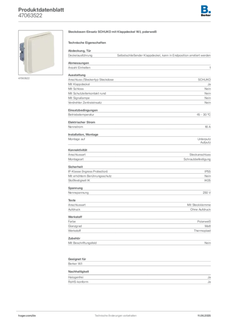 Bild Berker Produktdatenblatt 47063522 | Hager Deutschland