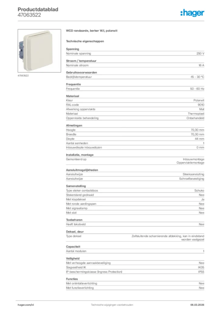 Afbeelding Hager Productdatablad 47063522 | Hager Nederland