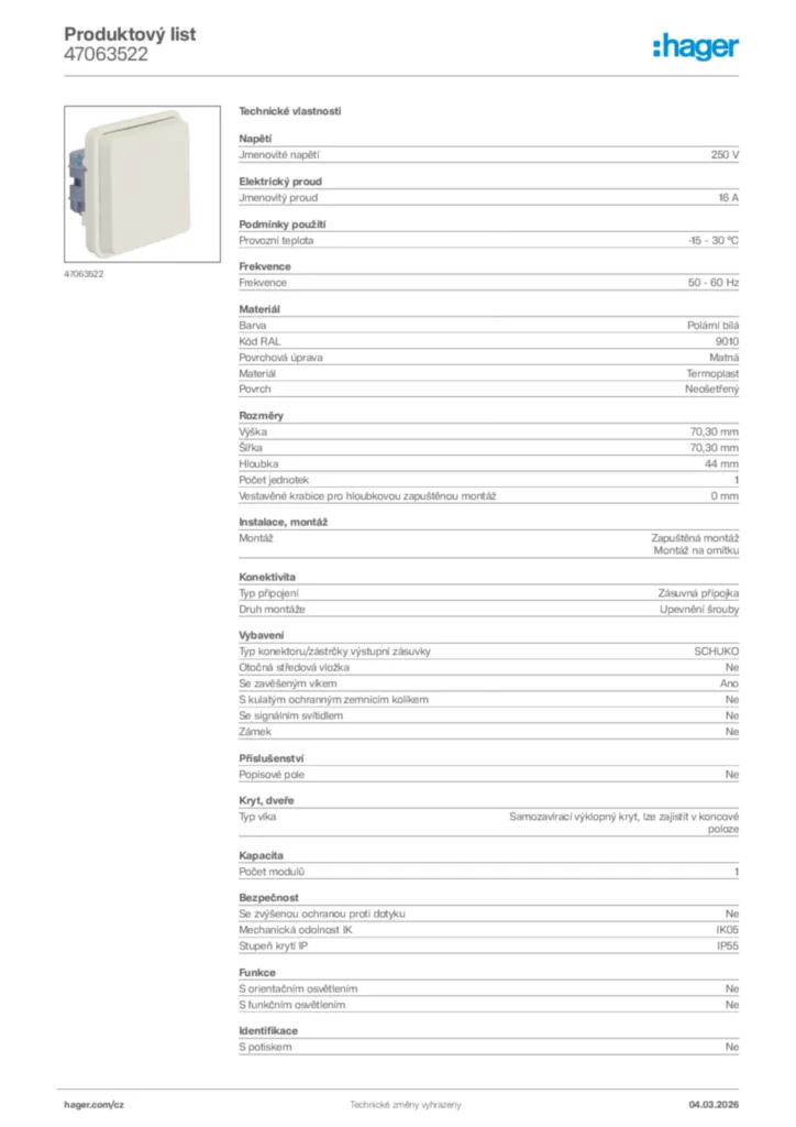 Obrázek Hager Product data sheet 47063522 | Hager