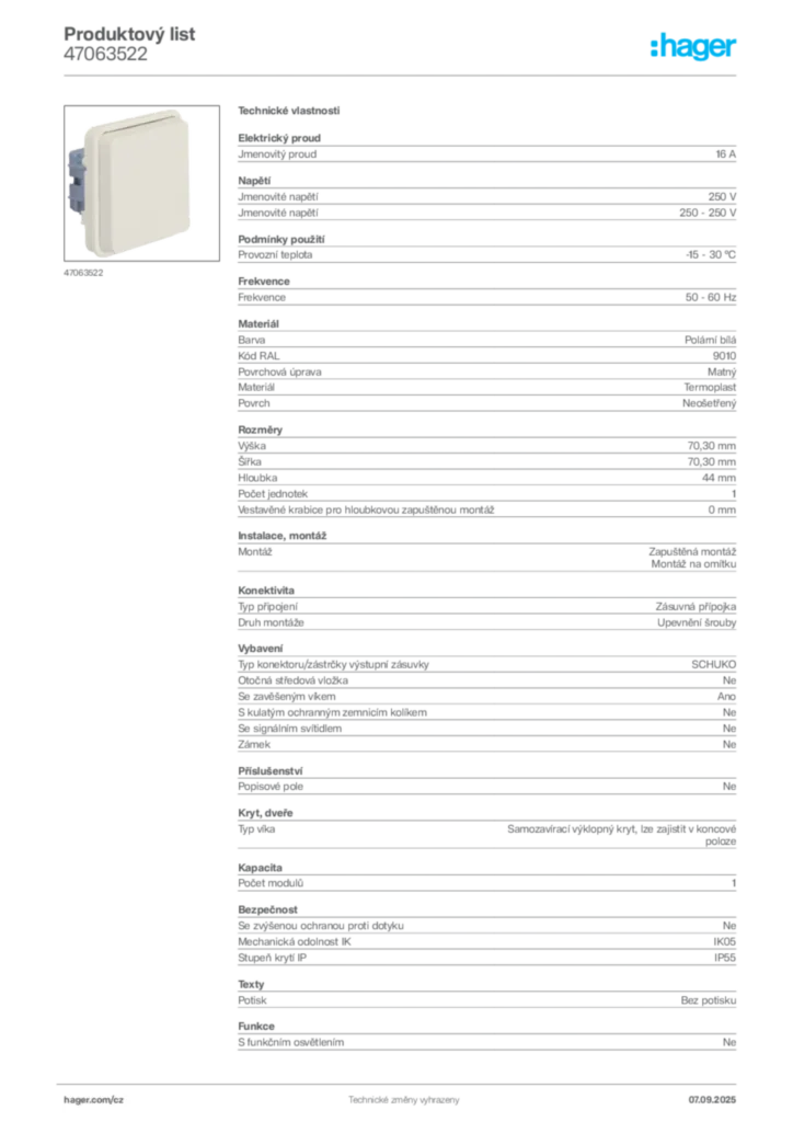 Obrázek Hager Produktový list 47063522 | Hager