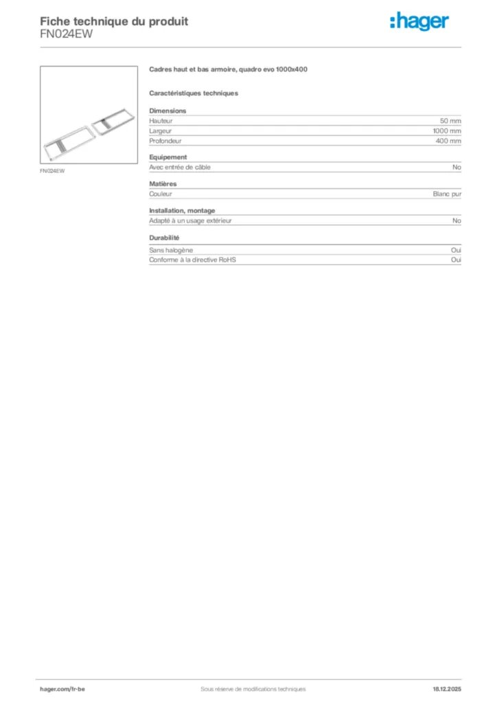 Image Hager Fiche technique du produit FN024EW | Hager Belgique
