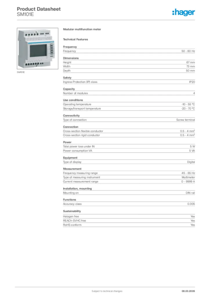 Image Hager Product data sheet SM101E  | Hager Africa