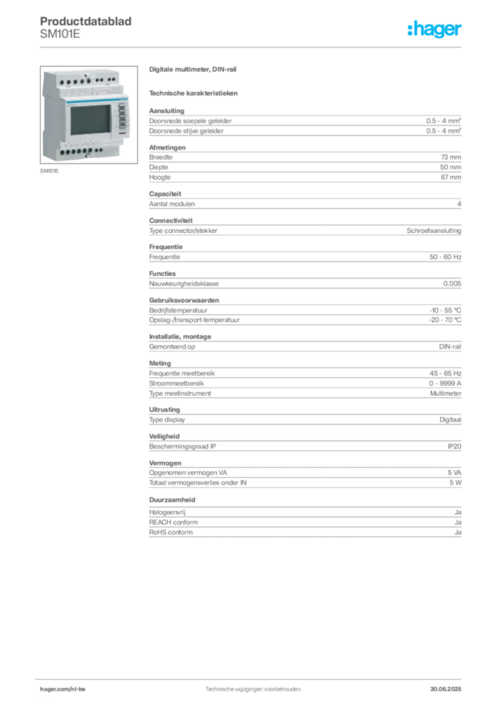 Afbeelding Hager Productdatablad SM101E | Hager Belgium