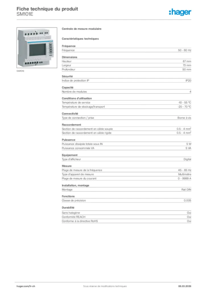 Image Hager Fiche technique du produit SM101E | Hager Suisse