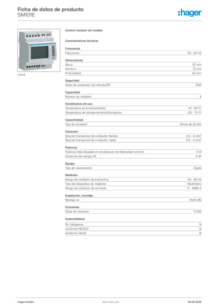 Imagen Hager Ficha de datos de producto SM101E | Hager España