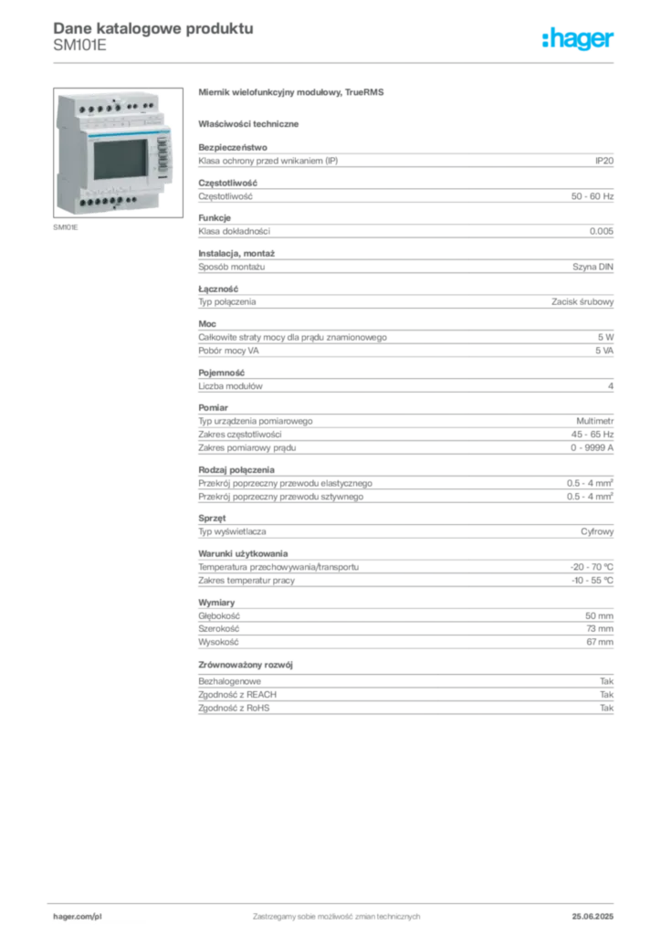 Zdjęcie Hager Karta katalogowa SM101E | Hager Polska