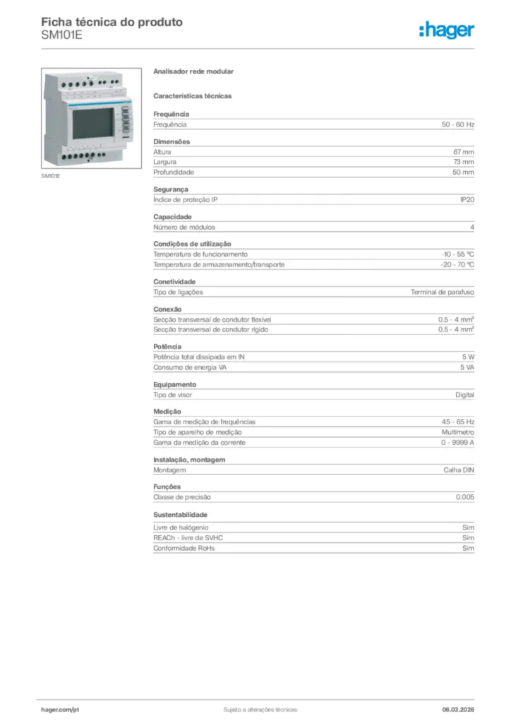 Imagem Hager Ficha técnica do produto SM101E | Hager Portugal