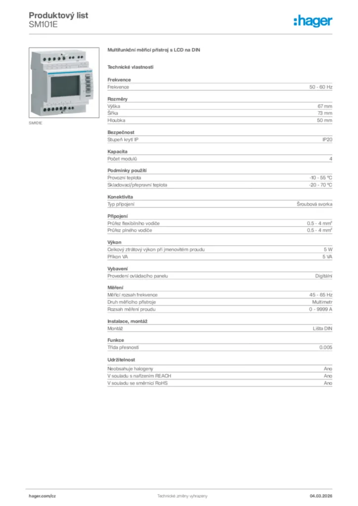 Obrázek Hager Product data sheet SM101E | Hager