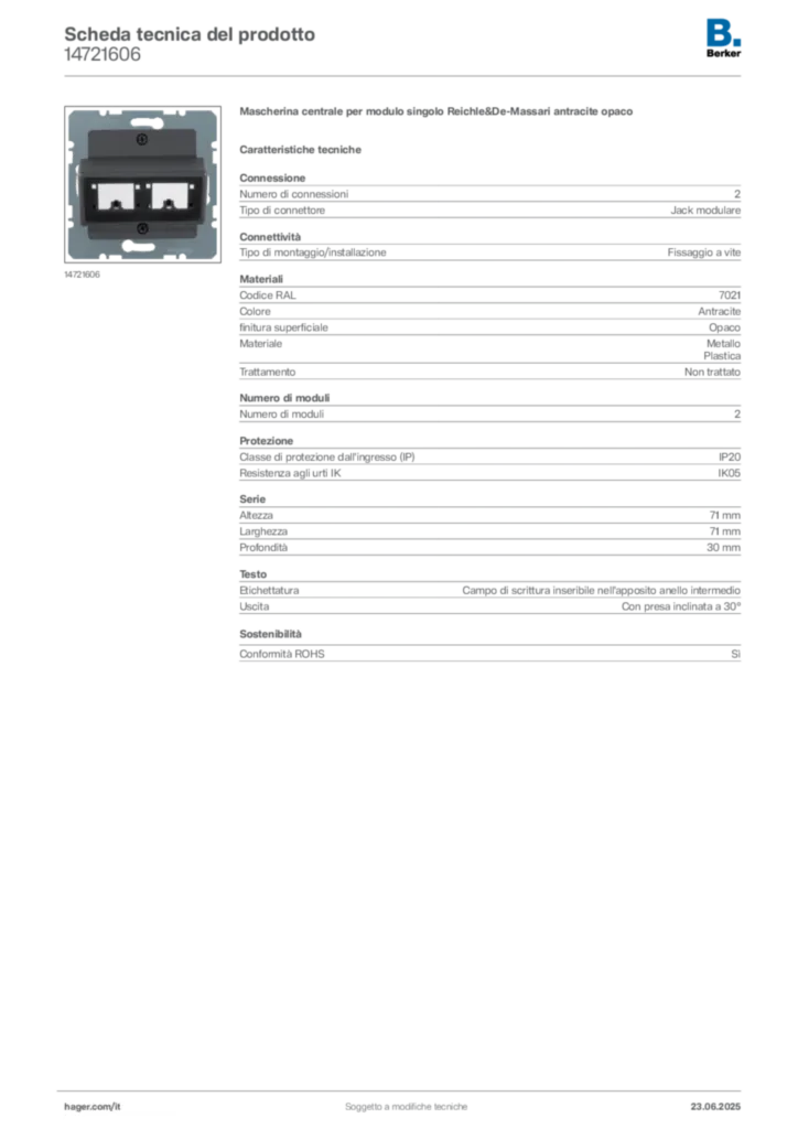 Immagine Berker Scheda tecnica del prodotto 14721606 | Hager Italia