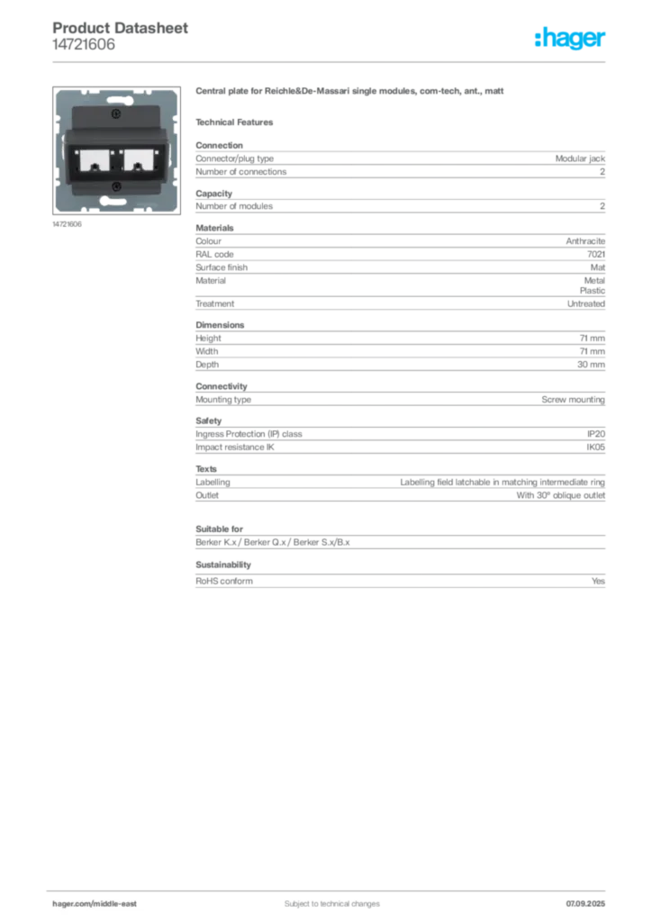 Image Hager Product data sheet 14721606  | Hager