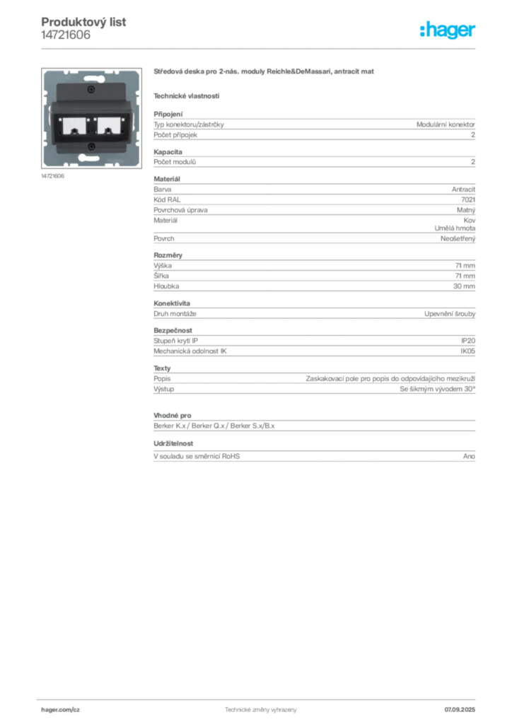 Obrázek Hager Produktový list 14721606 | Hager