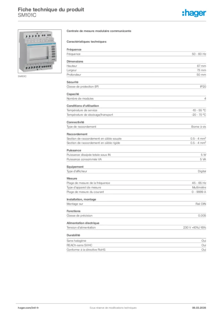 Image Hager Fiche technique du produit SM101C | Hager Afrique