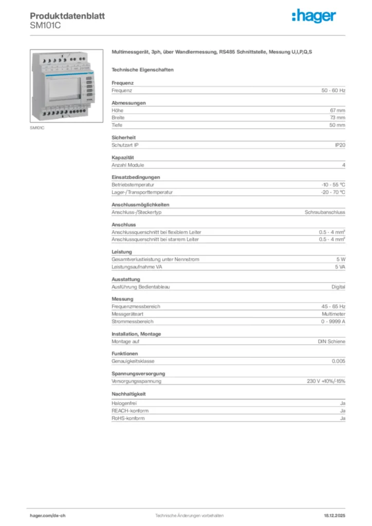 Bild Hager Produktdatenblatt SM101C | Hager Schweiz