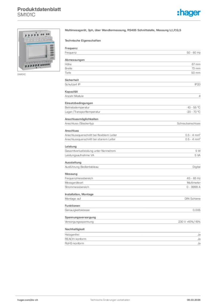 Bild Hager Produktdatenblatt SM101C | Hager Schweiz