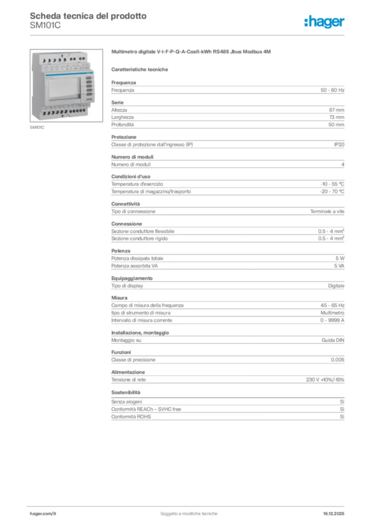 Immagine Hager Scheda tecnica del prodotto SM101C | Hager Italia