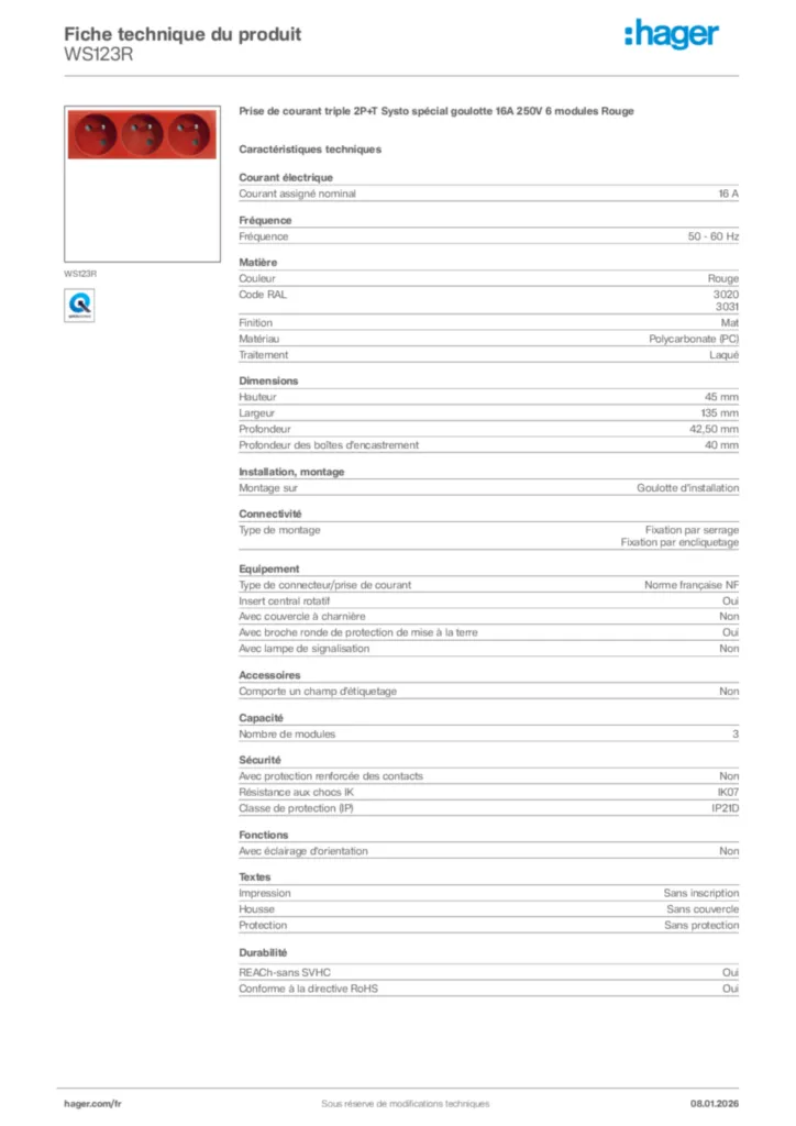 Image Hager Fiche technique du produit WS123R | Hager France