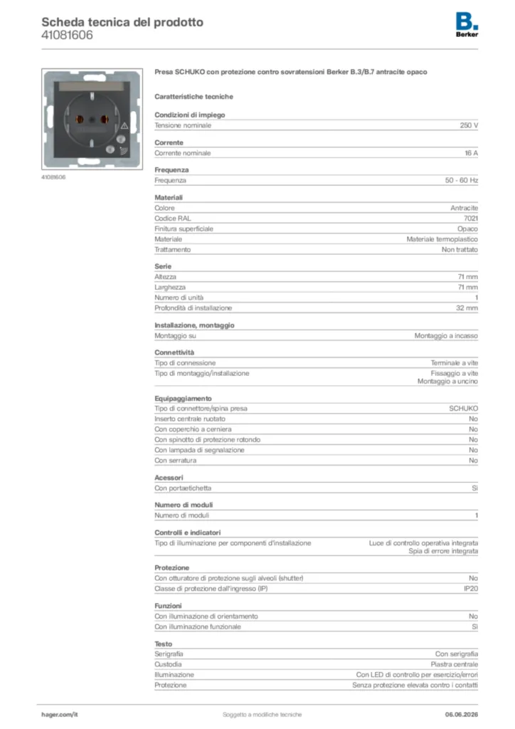 Immagine Berker Scheda tecnica del prodotto 41081606 | Hager Italia