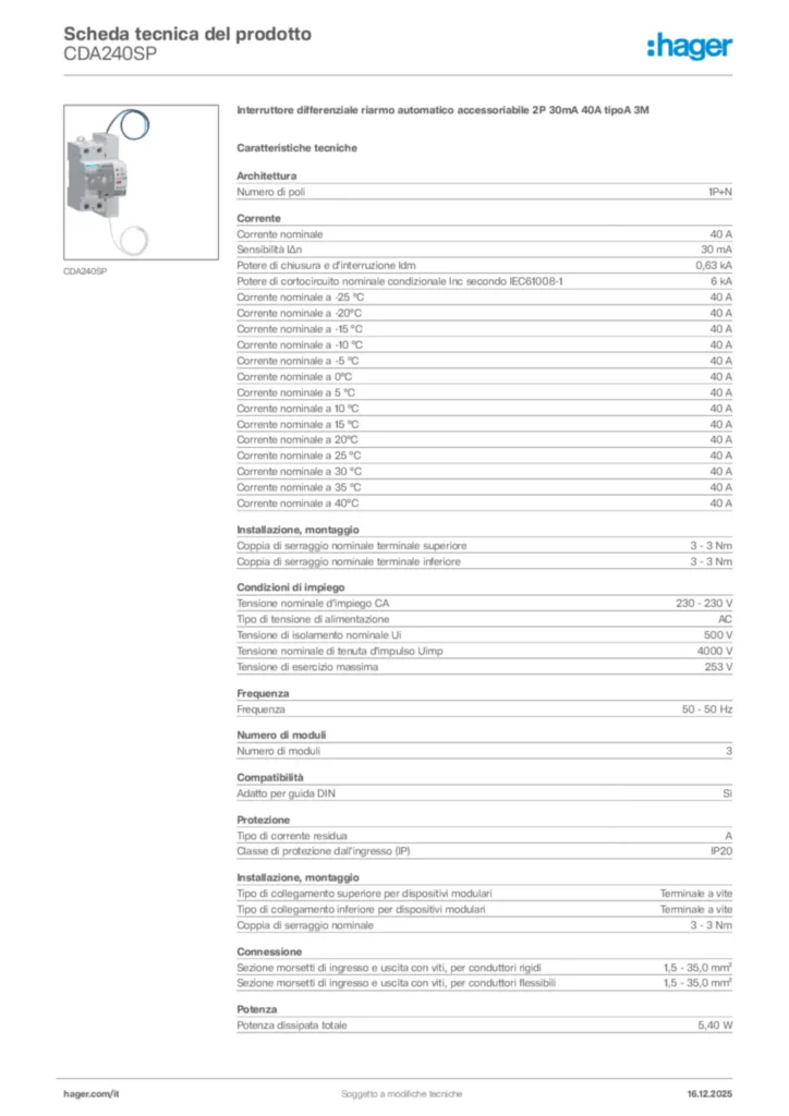 Immagine Hager Scheda tecnica del prodotto CDA240SP | Hager Italia