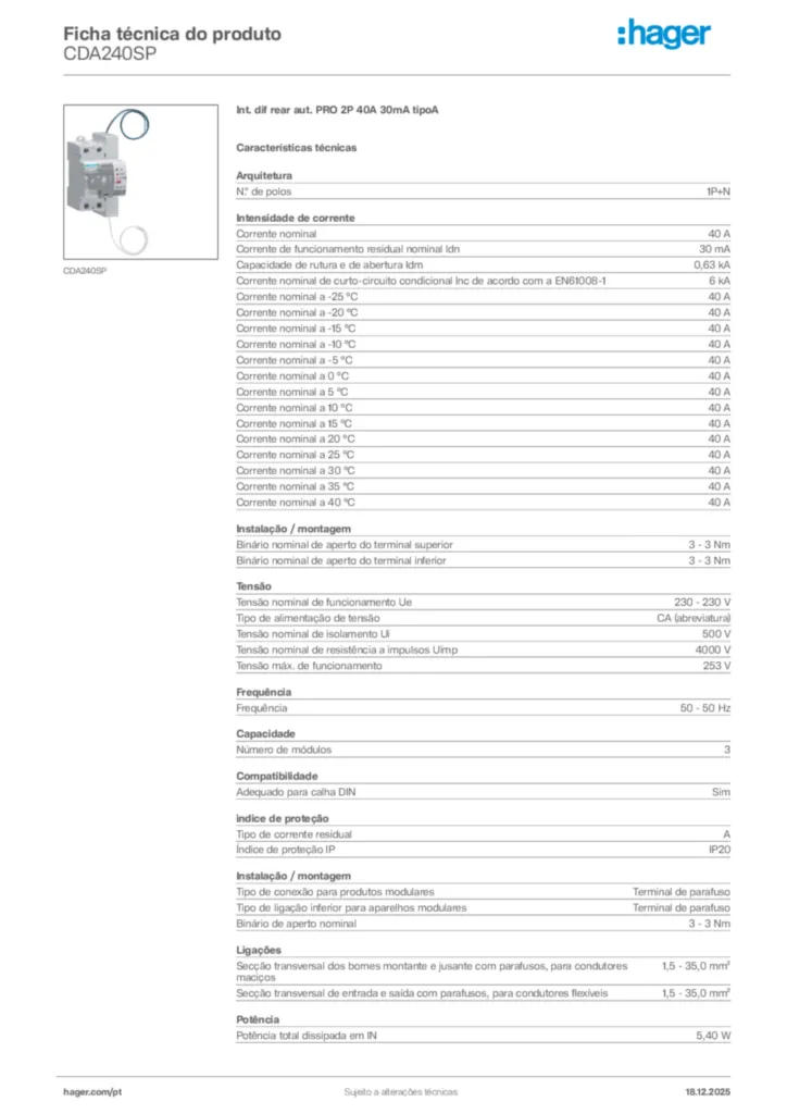 Imagem Hager Ficha técnica do produto CDA240SP | Hager Portugal